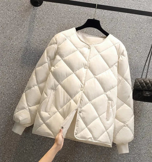 WW | Steppjacke Diamantmuster Rundhalsausschnitt Druckknopfverschluss Rippbündchen