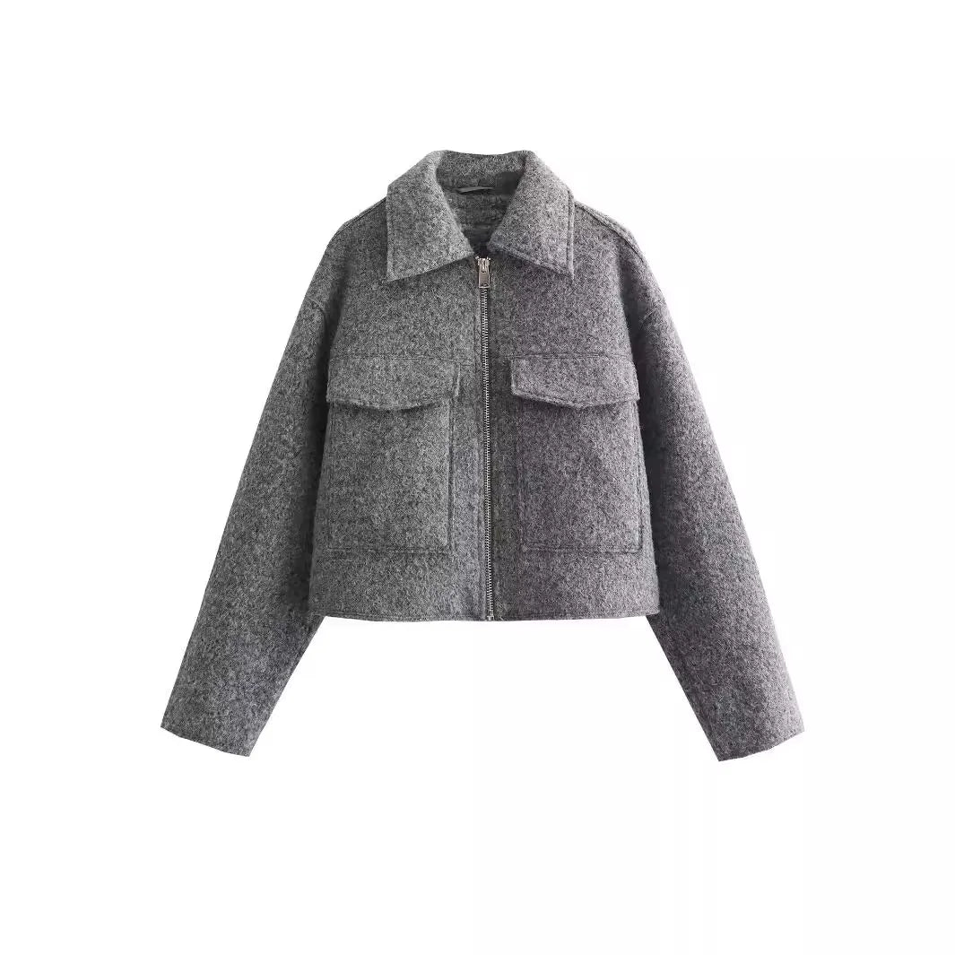 WW | Short Pocket Zipper Wool Jacket for Women