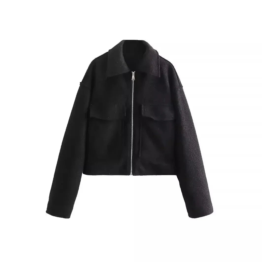 WW | Short Pocket Zipper Wool Jacket for Women