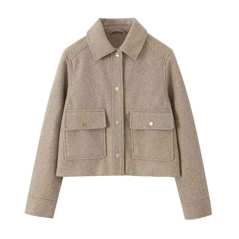 WW | Einfach Geknöpft Taschen Kurze Wolljacke Damenjacken