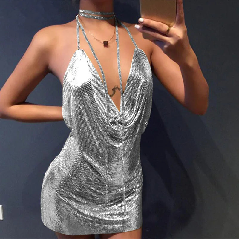 WW | Diamond Halter Rückenfrei Spalten Metallic Mini Kleid
