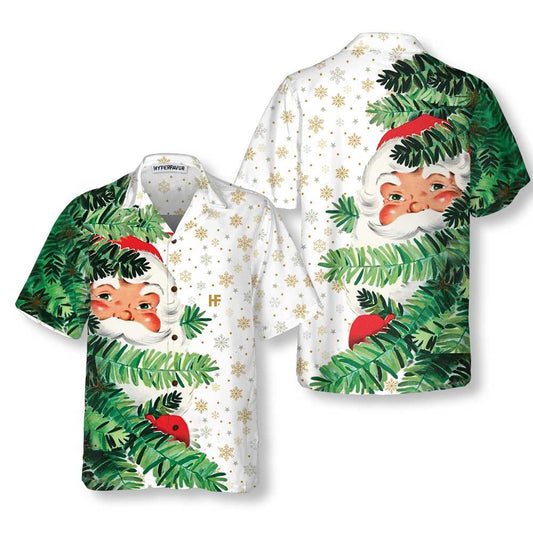 WW | Hi Santa Behind The Christmas Tree Christmas Hawaiian Shirt, Cute Santa Claus Hawaiian Shirt