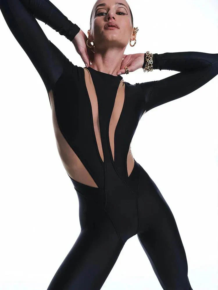 WW | Long Sleeve Mesh Patchwork Round Neck Jumpsuit, Slim Fit