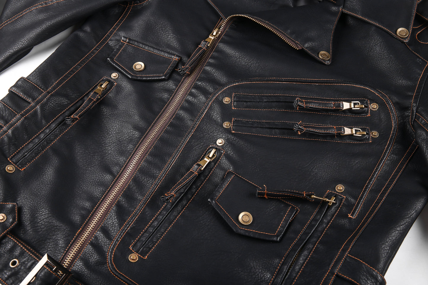 WW | Lederjacke Biker Stil Asymmetrischer Reißverschluss Gürtel in Der Taille Mehrere Taschen