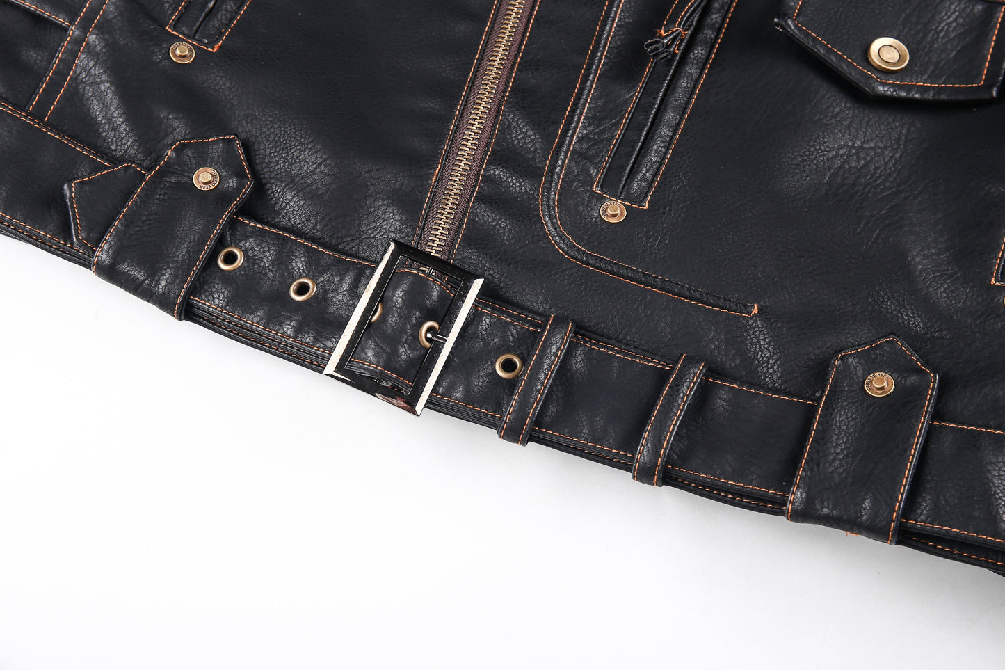 WW | Lederjacke Biker Stil Asymmetrischer Reißverschluss Gürtel in Der Taille Mehrere Taschen