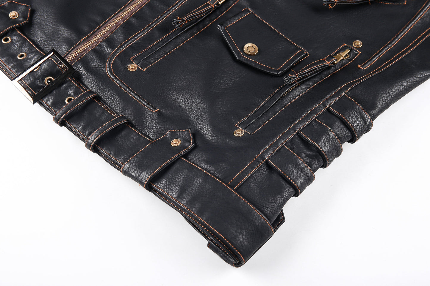 WW | Lederjacke Biker Stil Asymmetrischer Reißverschluss Gürtel in Der Taille Mehrere Taschen