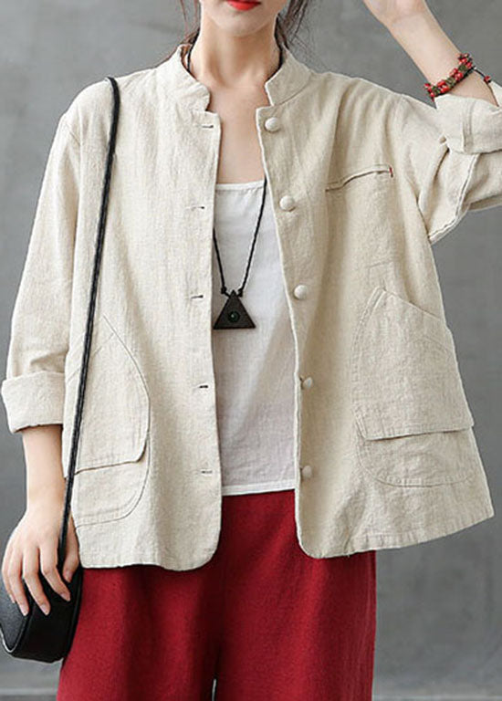 WW | Beige Stand Collar Pockets Patchwork Linen Coats