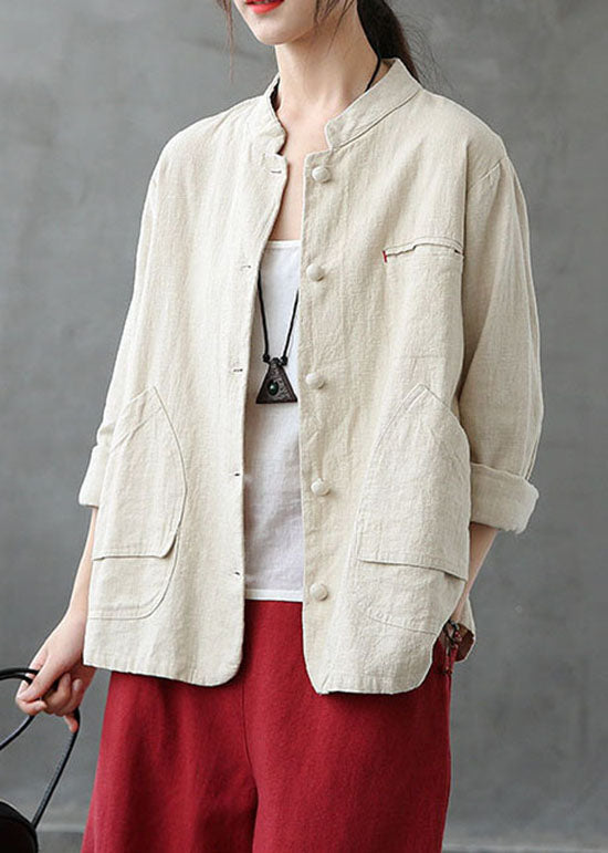 WW | Beige Stand Collar Pockets Patchwork Linen Coats