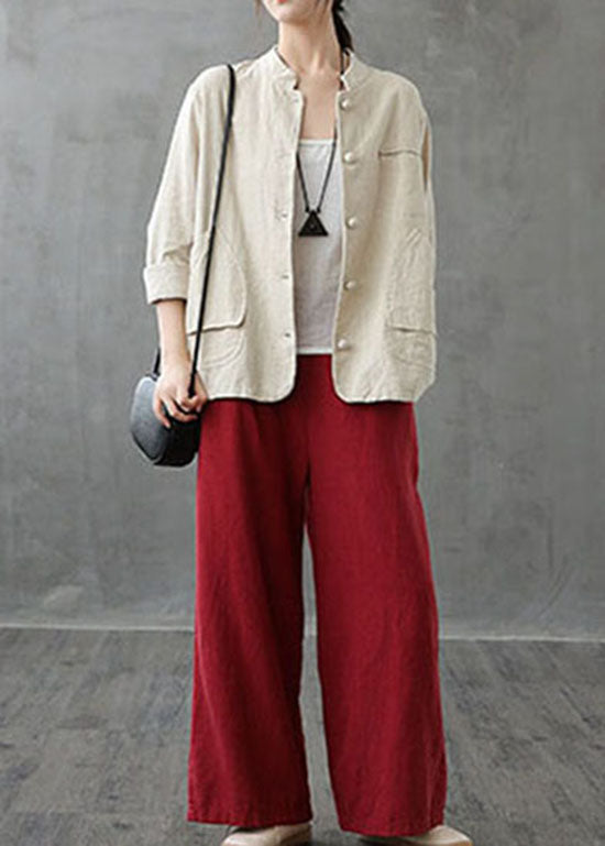 WW | Beige Stand Collar Pockets Patchwork Linen Coats
