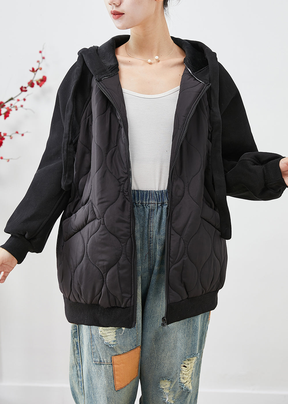 WW | Black Hooded Patchwork Fine Cotton Padded Jackets Winter