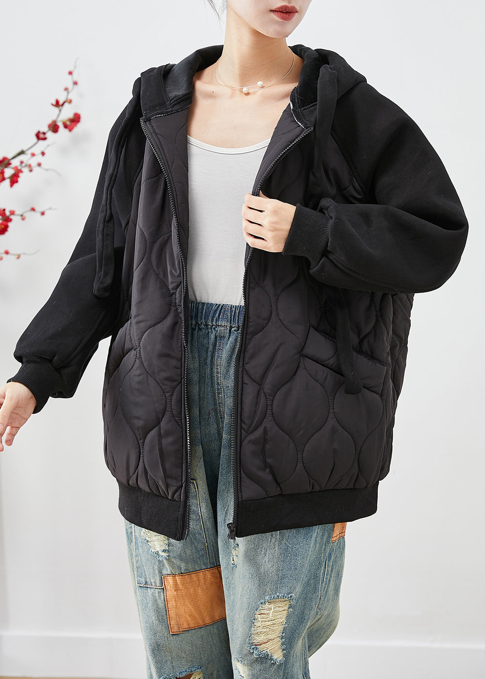WW | Black Hooded Patchwork Fine Cotton Padded Jackets Winter