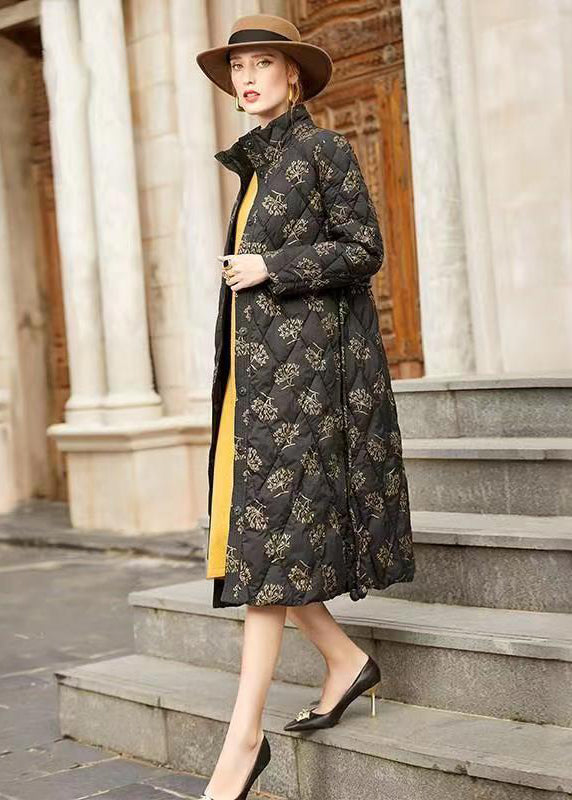 WW | Black Stand-Up Collar Printed Fine Cotton-Padded Winter Coats