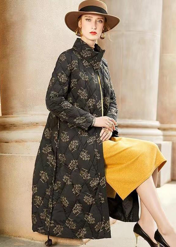 WW | Black Stand-Up Collar Printed Fine Cotton-Padded Winter Coats