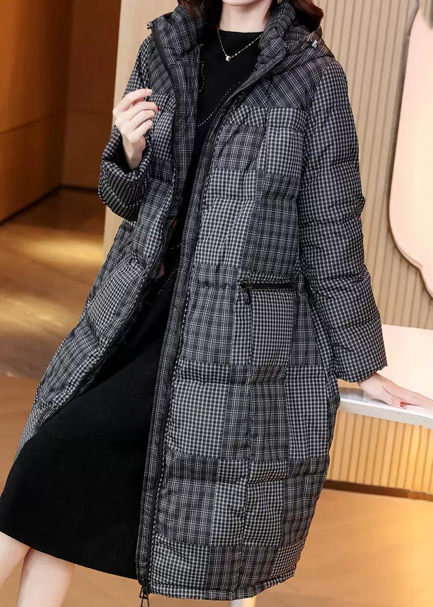 WW | Schwarze Zip-Up Karo Taschen Entenfedern Puffer Mäntel Winter