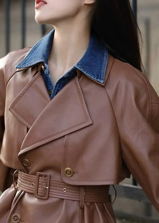 WW | Coffee Peter Pan Collar Tie-Waist Faux Leather Coats