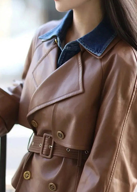 WW | Coffee Peter Pan Collar Tie-Waist Faux Leather Coats