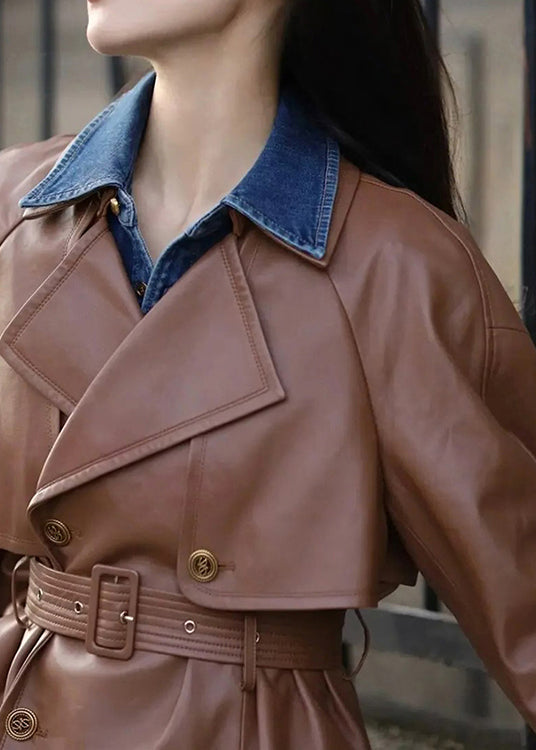 WW | Coffee Peter Pan Collar Tie-Waist Faux Leather Coats