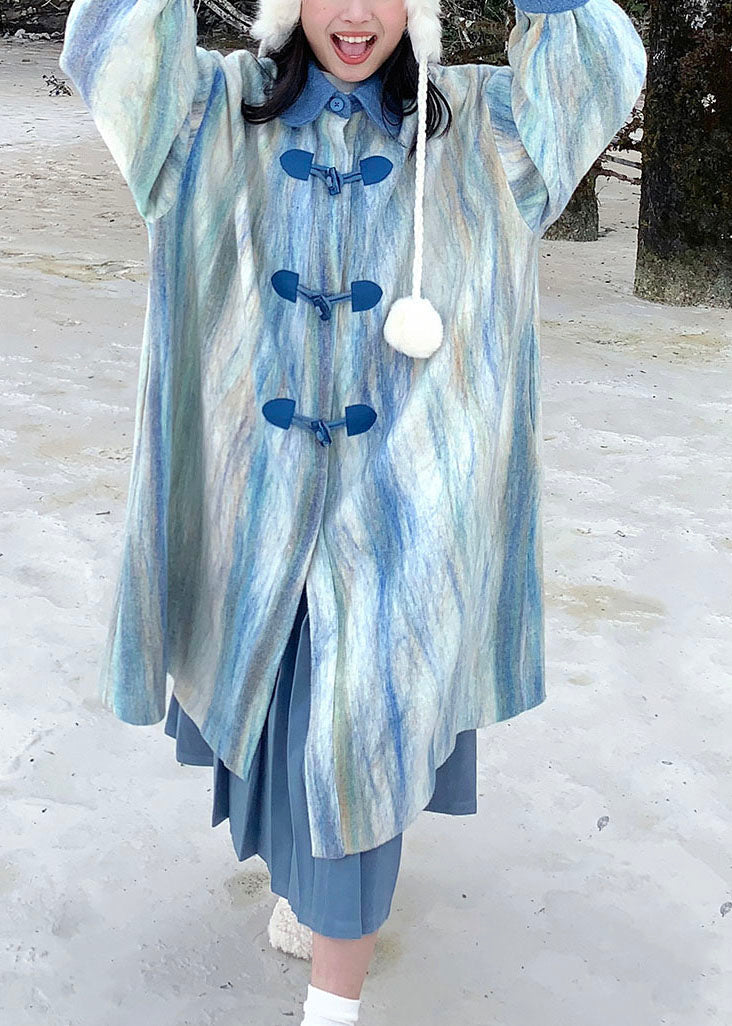 WW | Gradient Blue Peter Pan Collar Button Thick Wool Trench Coats Winter