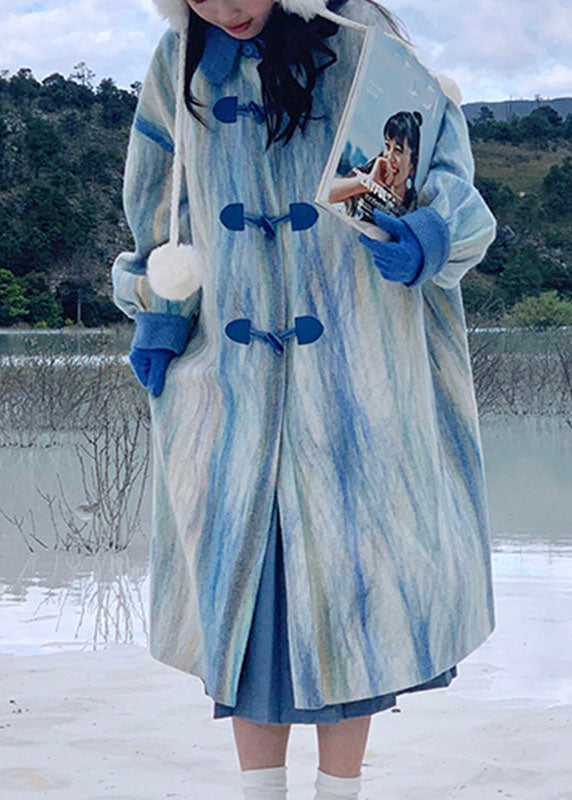 WW | Gradientfarbe Meerblau Peter-Pan-Kragen Knopf Dicke Wolltrenchcoats Winter