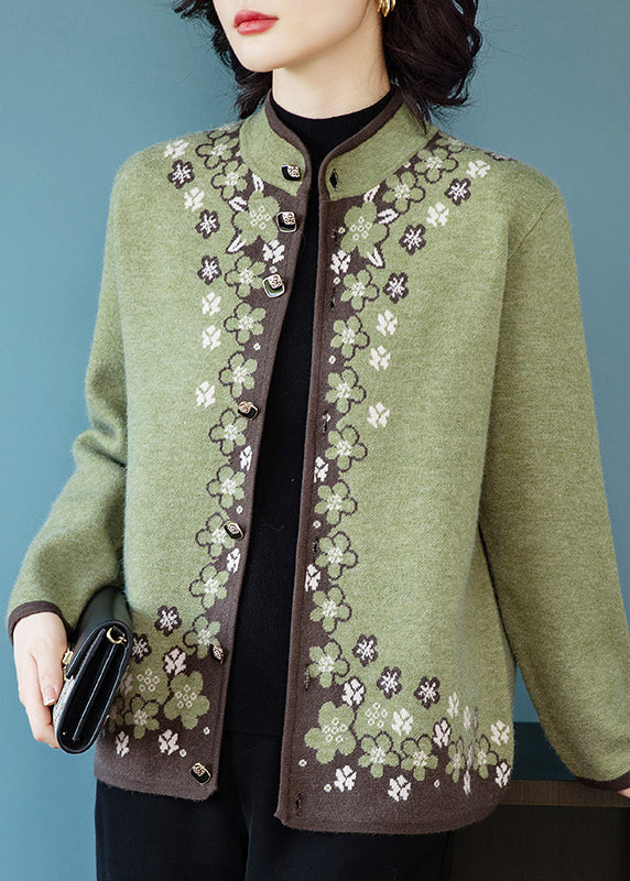WW | Green Button-Print Patchwork Knit Coats