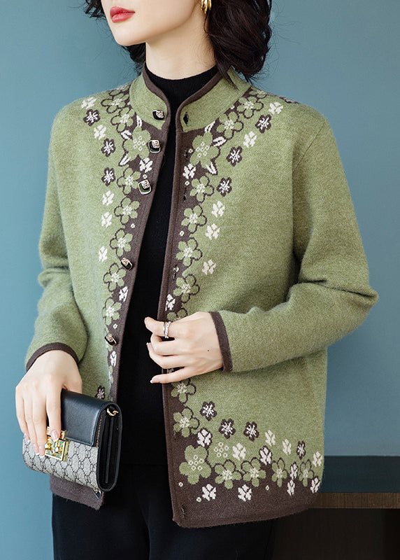 WW | Green Button-Print Patchwork Knit Coats