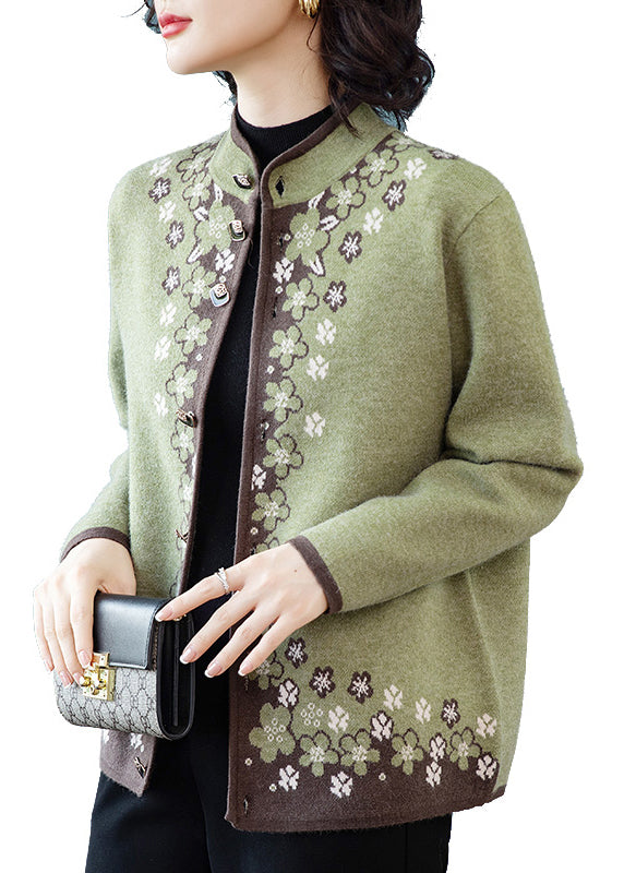 WW | Green Button-Print Patchwork Knit Coats