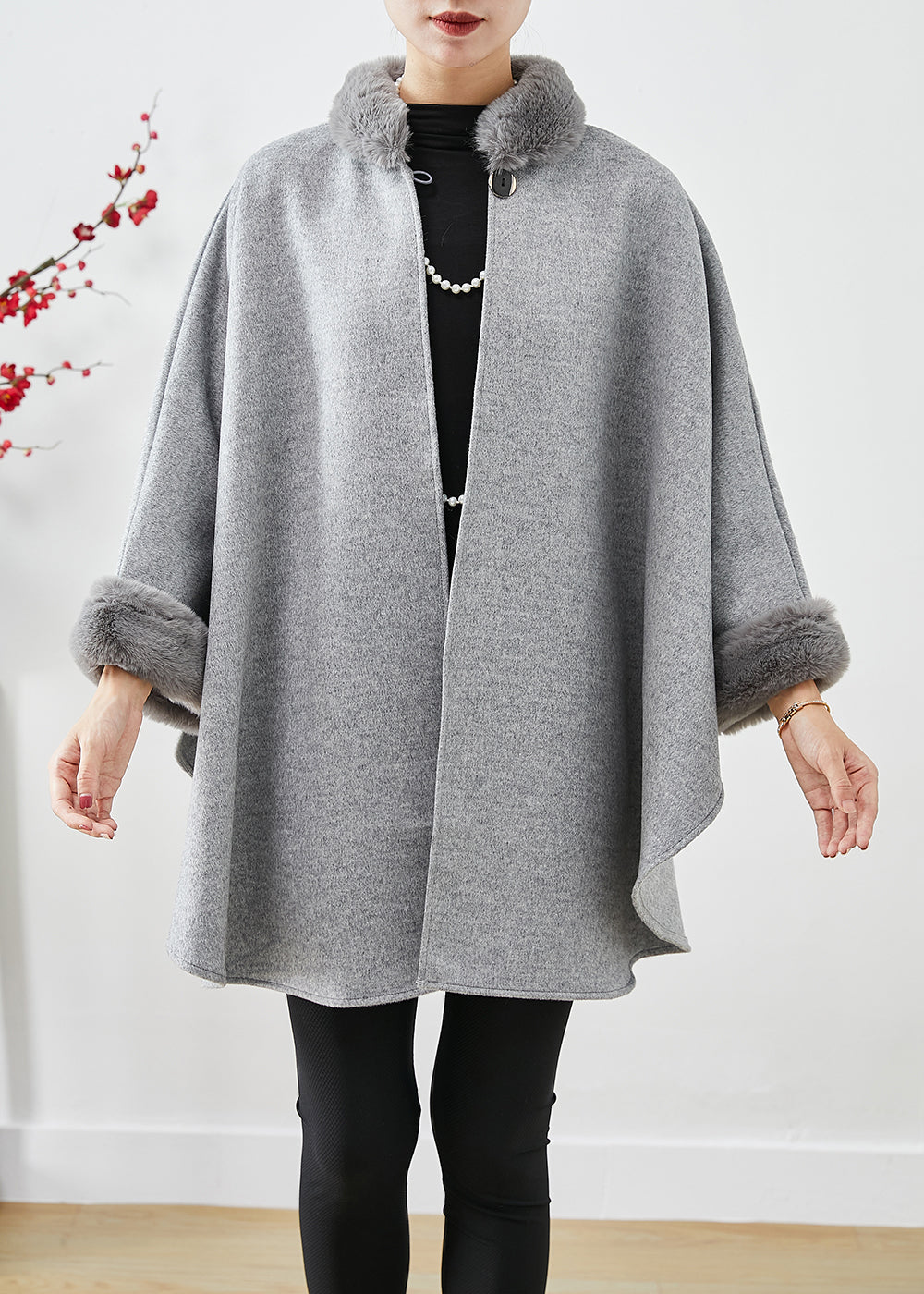 WW | Gray Fur Collar Oversized Wool Coats Batwing Sleeves