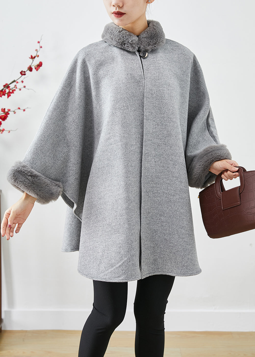 WW | Gray Fur Collar Oversized Wool Coats Batwing Sleeves