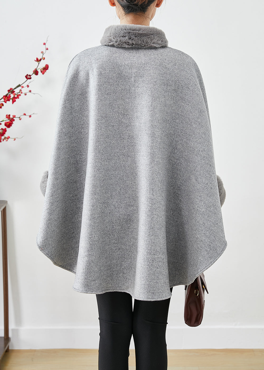 WW | Gray Fur Collar Oversized Wool Coats Batwing Sleeves