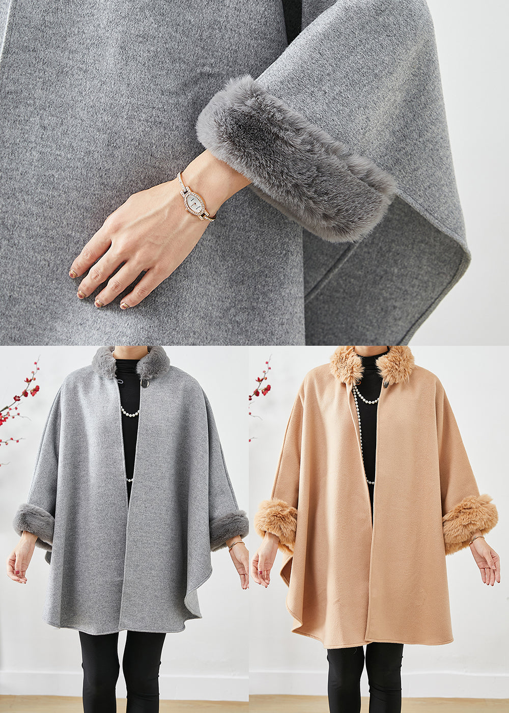 WW | Gray Fur Collar Oversized Wool Coats Batwing Sleeves