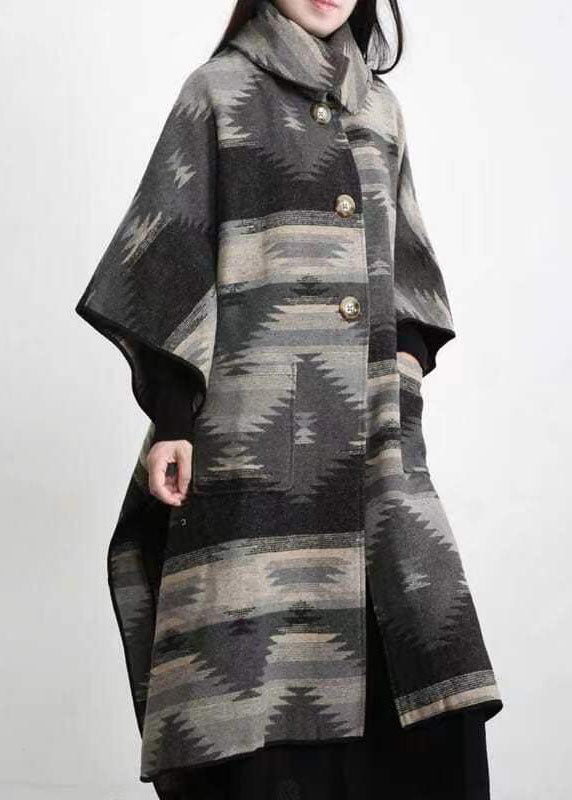 WW | Grey Peter Pan Collar Pockets Patchwork Wool Coats Batwing Sleeves