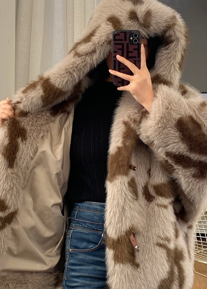 WW | Hooded Color Block Button Pockets Fluffy Fur Fluffy Coats Long Sleeves