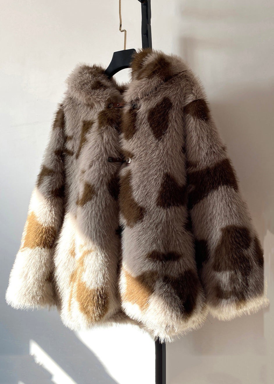 WW | Hooded Color Block Button Pockets Fluffy Fur Fluffy Coats Long Sleeves