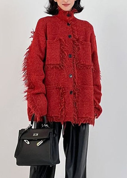 WW | Red Button Pockets Cotton Knit Coats Long Sleeve