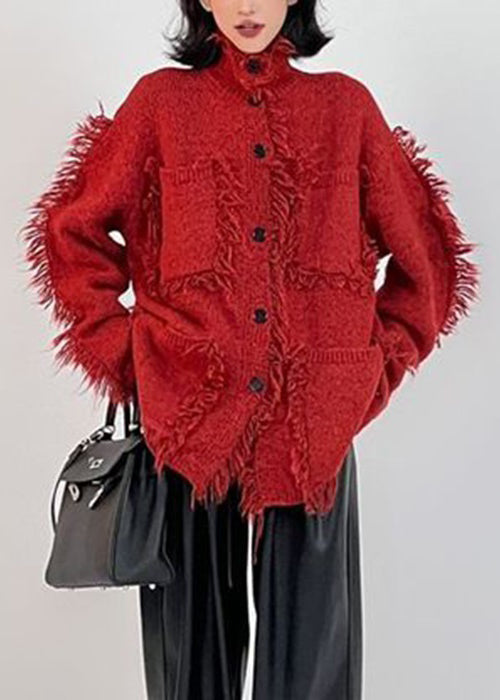 WW | Red Button Pockets Cotton Knit Coats Long Sleeve