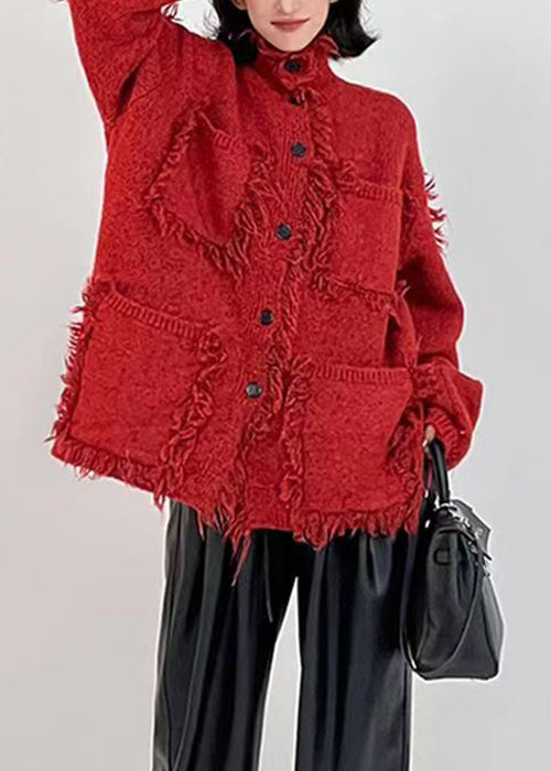 WW | Red Button Pockets Cotton Knit Coats Long Sleeve
