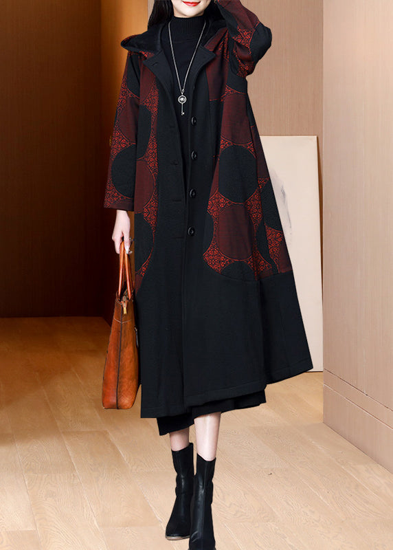 WW | Red Press Button Patchwork Warm Fleece Hoodies Coats Winter