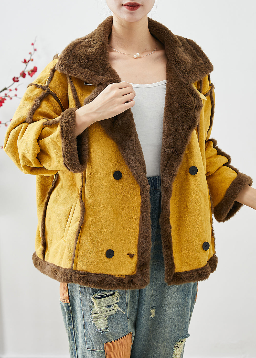 WW | Yellow Lapel Double-breasted Fleece Wool Lined Coats Winter