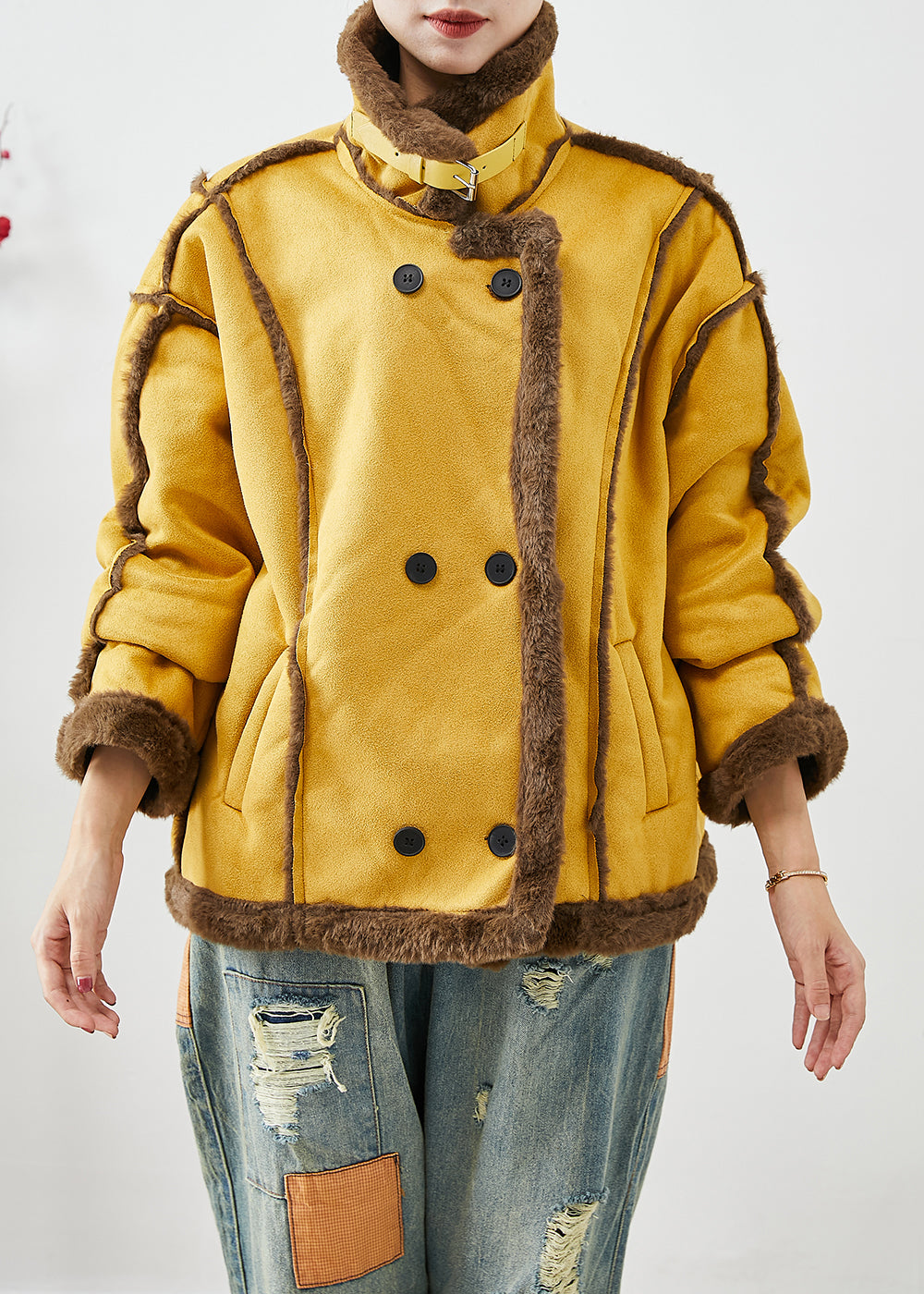 WW | Yellow Lapel Double-breasted Fleece Wool Lined Coats Winter
