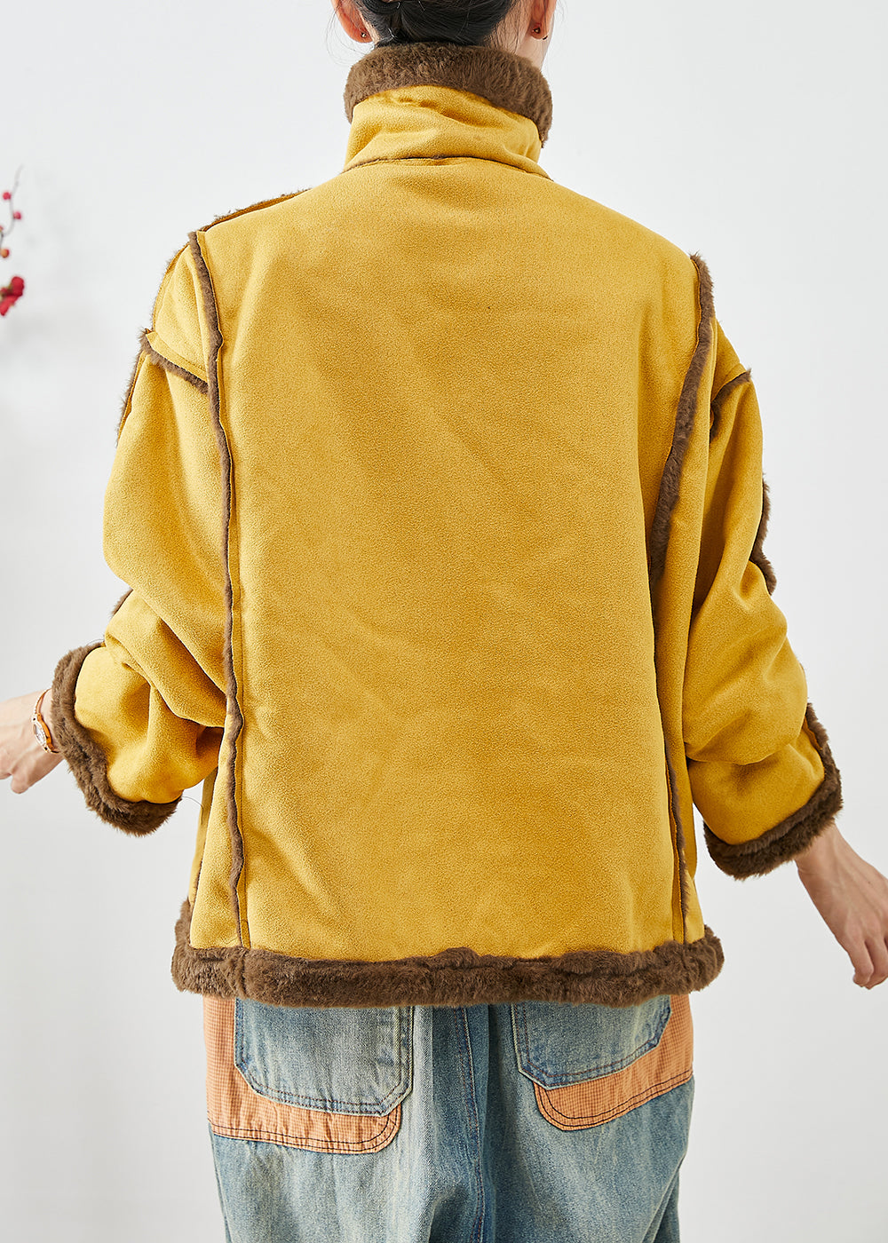 WW | Yellow Lapel Double-breasted Fleece Wool Lined Coats Winter