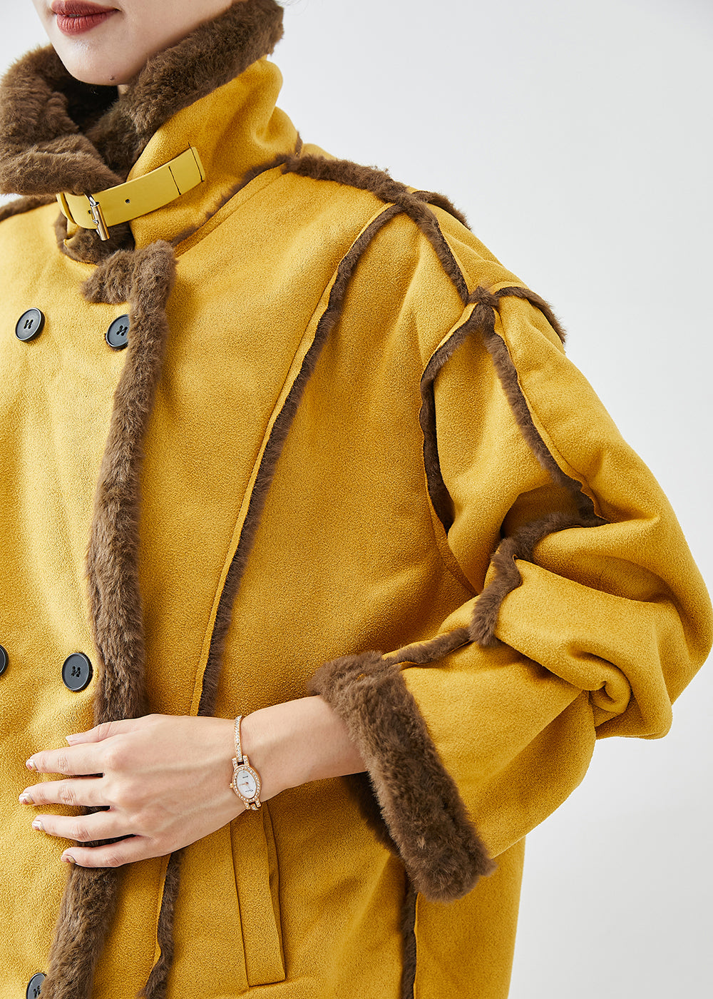 WW | Yellow Lapel Double-breasted Fleece Wool Lined Coats Winter