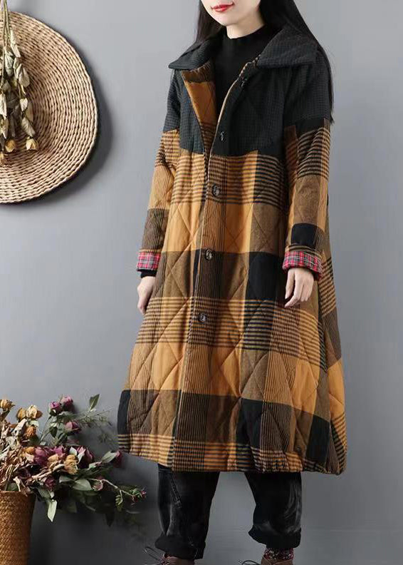 WW | Yellow Pockets Plaid Patchwork Fine Cotton-Filled Coats Winter
