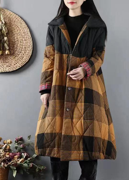 WW | Yellow Pockets Plaid Patchwork Fine Cotton-Filled Coats Winter