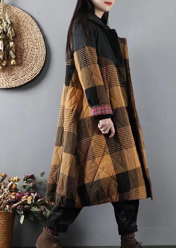 WW | Yellow Pockets Plaid Patchwork Fine Cotton-Filled Coats Winter