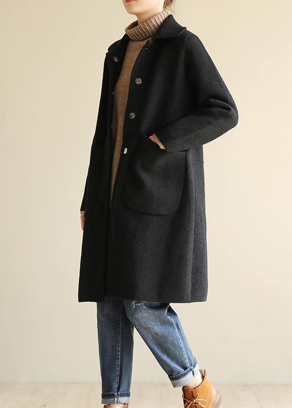 WW | Chic black cotton coat with an elegant lapel collar