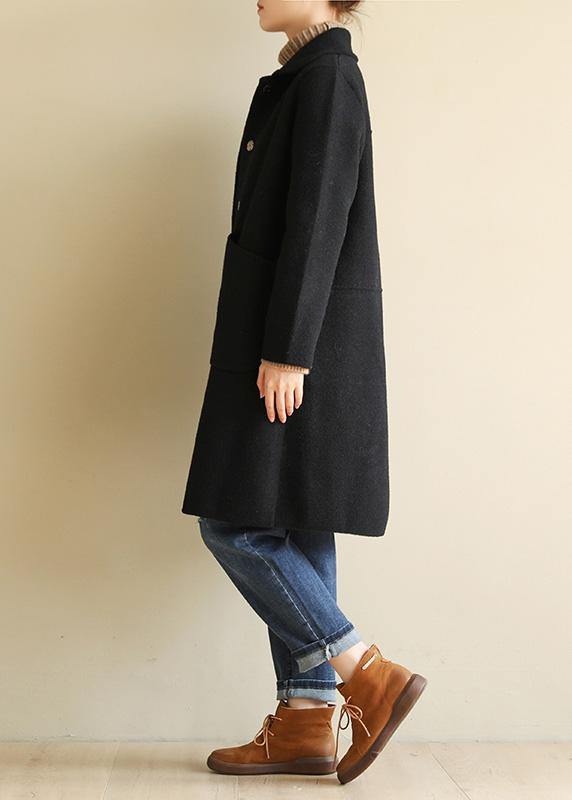 WW | Chic black cotton coat with an elegant lapel collar
