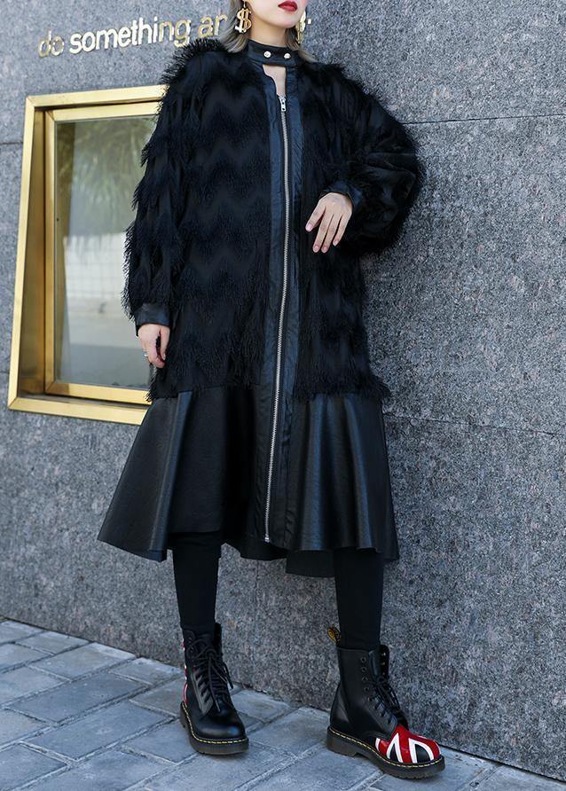 WW | Black Patchwork PU Fine Coats Women Pattern Stand Collar Tassel Coats