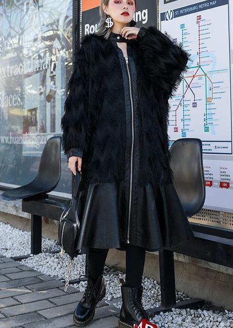 WW | schwarze Patchwork PU feine Mäntel Damen Muster Stehkragen Quastenmäntel
