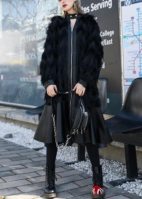 WW | Black Patchwork PU Fine Coats Women Pattern Stand Collar Tassel Coats