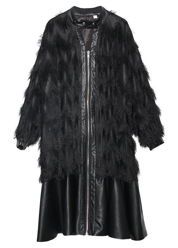 WW | schwarze Patchwork PU feine Mäntel Damen Muster Stehkragen Quastenmäntel